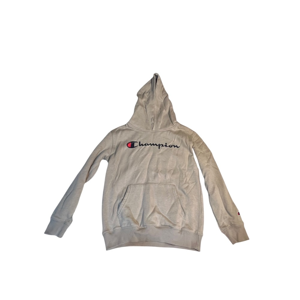 Champion Kids Sz Large 12 Hoodie Beige Spell Out Graphic Kangaroo Pocket Cotton